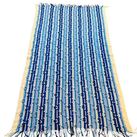 Handmade Blue & White Geometric Crochet Blanket With Fringes 43x74" Grannycore - Picture 2 of 10